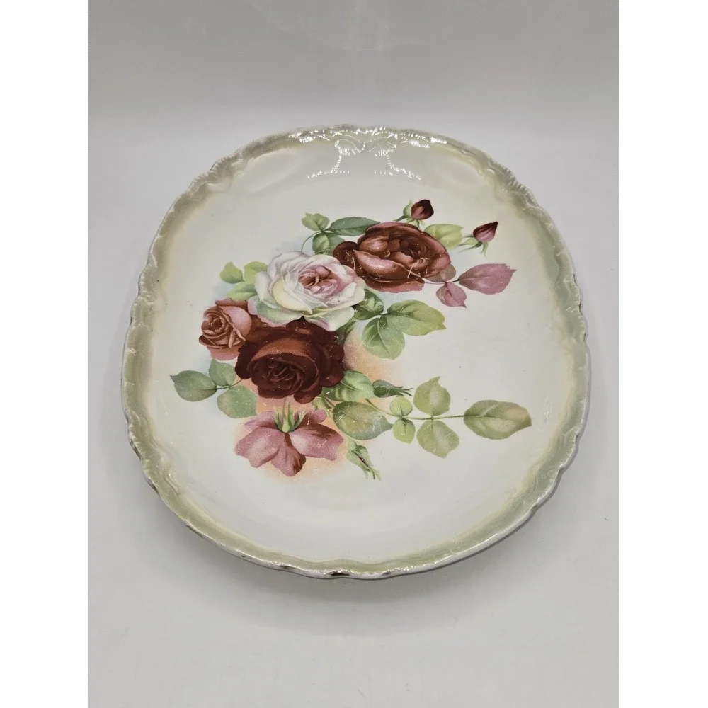 Antique Victorian Floral Transferware Oval Serving Platter Roses Scalloped 1891